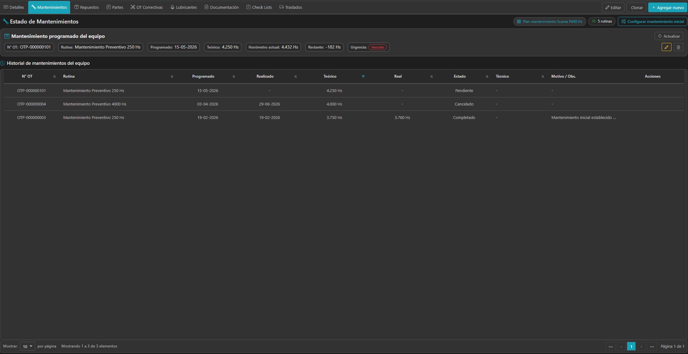 Verificá rápidamente el historial de mantenimientos por equipo y la próxima programación.